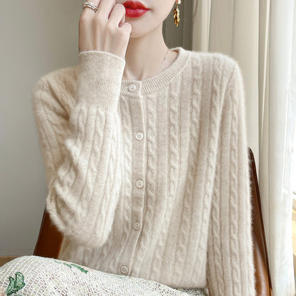 Spring and Autumn Round Neck Sweater Women's 2025 New Single-Breasted Jacket Solid Color Twist Cardigan Western Style Sweater Outerwear
