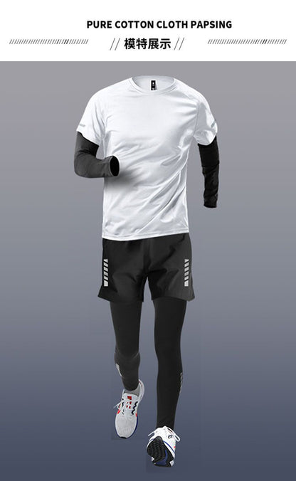 Sports suit Men's Fitness Clothes Summer Tights Thin Ice Silk Quick-drying Short-sleeved Running Shorts Casual Morning Running Clothes