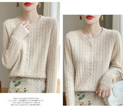 Spring and Autumn Round Neck Sweater Women's 2025 New Single-Breasted Jacket Solid Color Twist Cardigan Western Style Sweater Outerwear