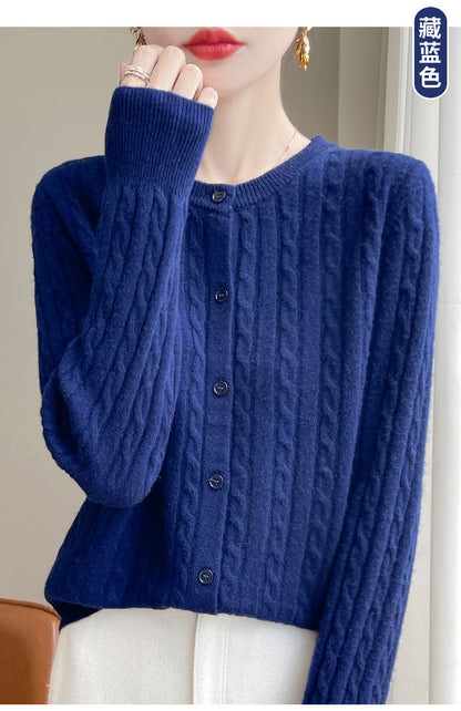 Spring and Autumn Round Neck Sweater Women's 2025 New Single-Breasted Jacket Solid Color Twist Cardigan Western Style Sweater Outerwear