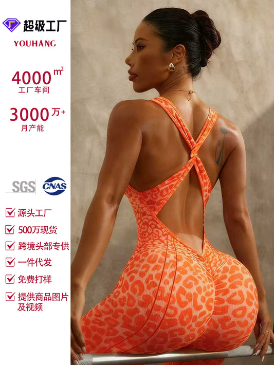Popular Yoga Jumpsuit with Open Back and Cross-Tie Design, High-Elastic Tight-Fitting Sports Yoga Jumpsuit for Women