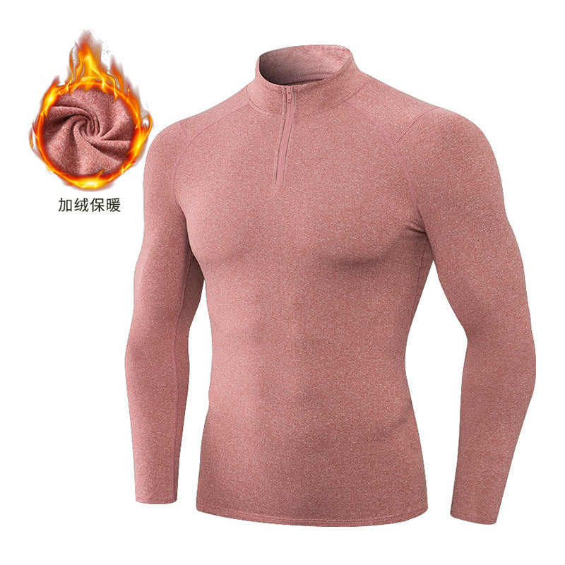 Men's Autumn and Winter Fleece-lined Fitness Clothes High-elastic Tight-fitting Sports Basketball Running Training Long-sleeved Half-zipper Collar Sweater