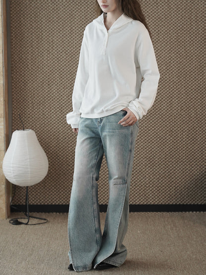 Louvre Winter New Korean Style Simple and Relaxed Half-Cardigan Hooded Long-Sleeved Sweatshirt Silhouette Loose Top for Women