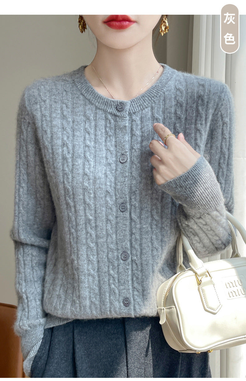 Spring and Autumn Round Neck Sweater Women's 2025 New Single-Breasted Jacket Solid Color Twist Cardigan Western Style Sweater Outerwear