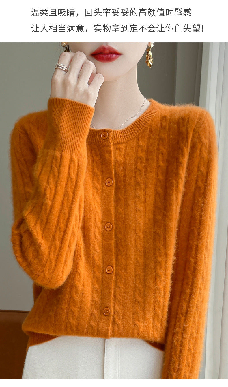Spring and Autumn Round Neck Sweater Women's 2025 New Single-Breasted Jacket Solid Color Twist Cardigan Western Style Sweater Outerwear