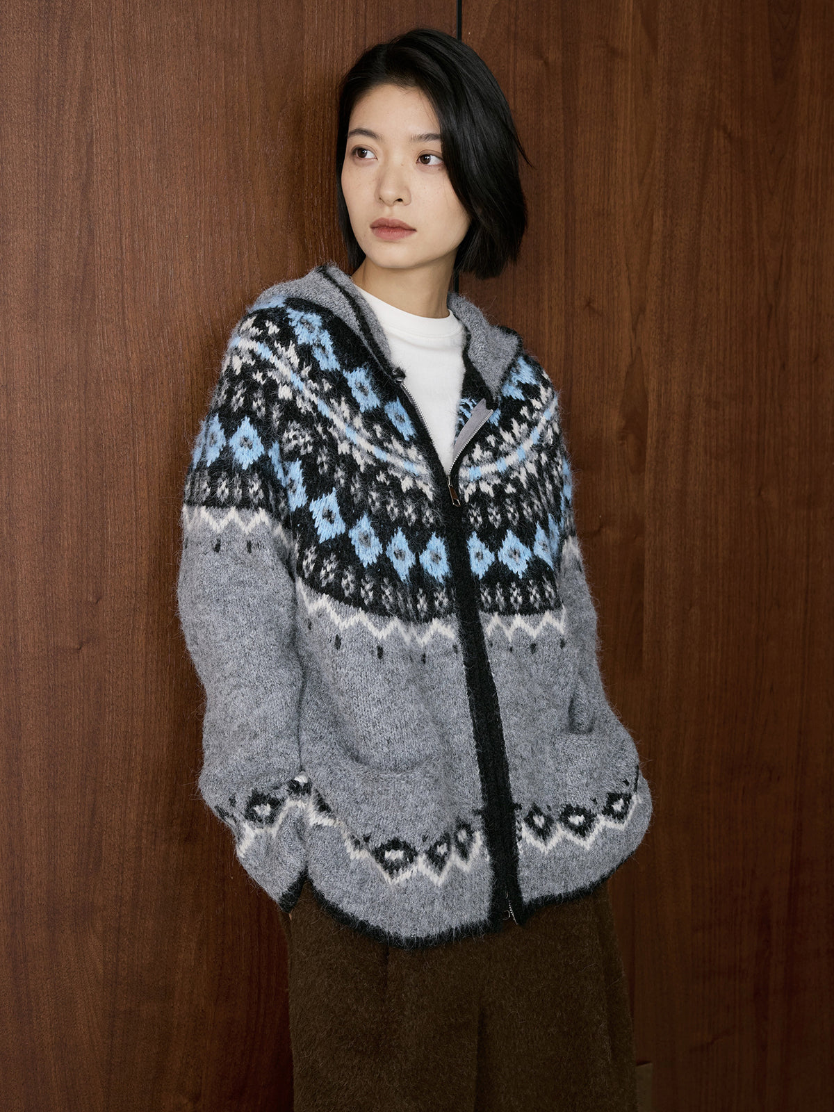 Louvre Winter New Korean Style Retro Lazy Style Jacquard Hooded Knitted Wool Sweater Loose Warm Top for Women