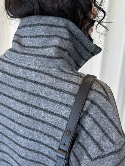 Louvre Winter New Korean Retro Lazy Style Contrasting Stripesd High-Neck Zipper Sweatshirt Warm and Comfortable Top for Women