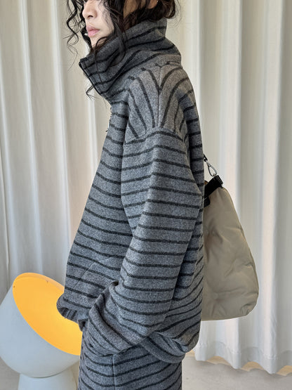 Louvre Winter New Korean Retro Lazy Style Contrasting Stripesd High-Neck Zipper Sweatshirt Warm and Comfortable Top for Women