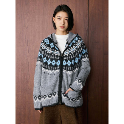 Louvre Winter New Korean Style Retro Lazy Style Jacquard Hooded Knitted Wool Sweater Loose Warm Top for Women
