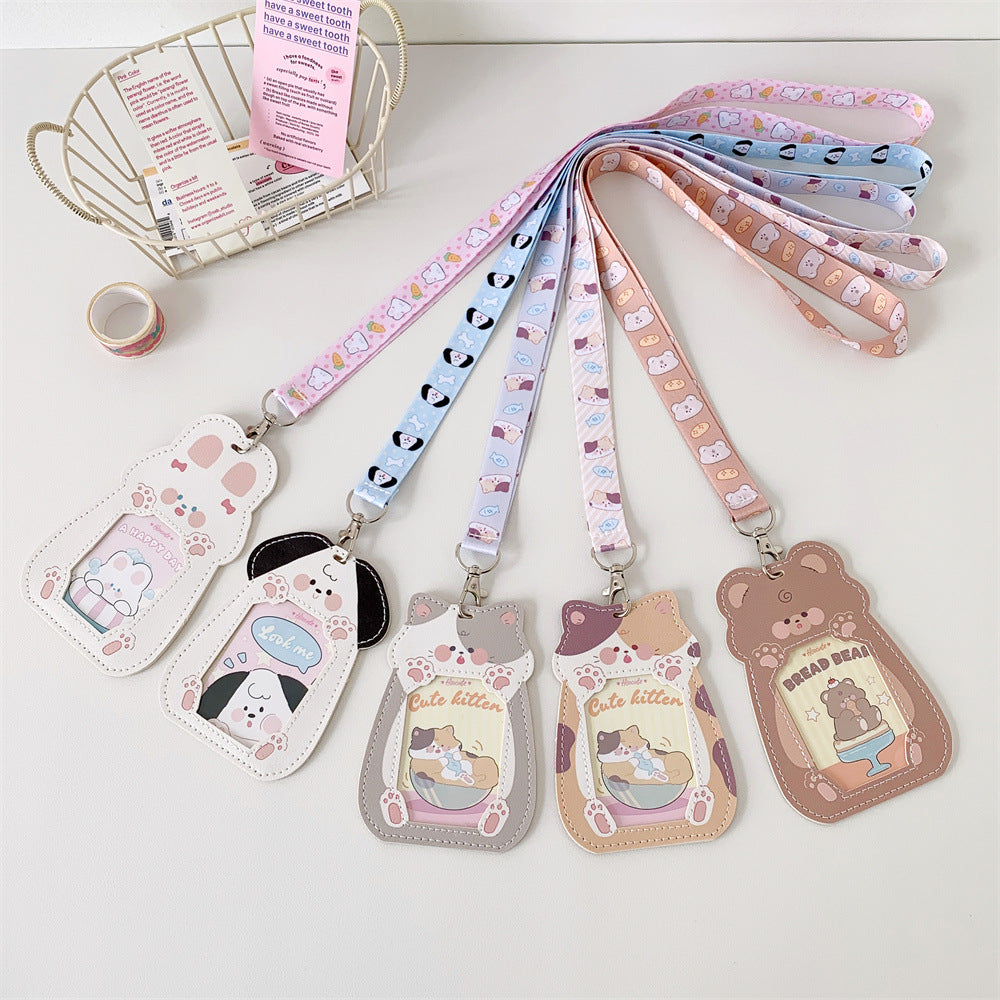 Cute Pet Pu Card Holder with Lanyard Work Card Student Meal Card Access Card Id Protective Cover Hanging Neck Bus Card