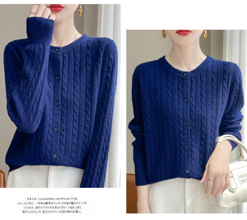 Spring and Autumn Round Neck Sweater Women's 2025 New Single-Breasted Jacket Solid Color Twist Cardigan Western Style Sweater Outerwear
