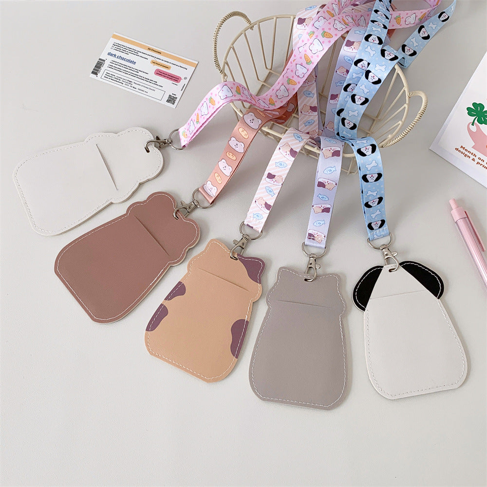 Cute Pet Pu Card Holder with Lanyard Work Card Student Meal Card Access Card Id Protective Cover Hanging Neck Bus Card