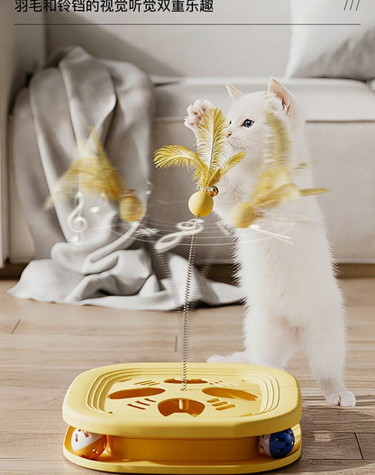 Cat Toy Interactive Play Tray Self-Entertainment Boredom-Relief Cat Toy Feather Bell Cat Teaser Stick Pet Educational Toy
