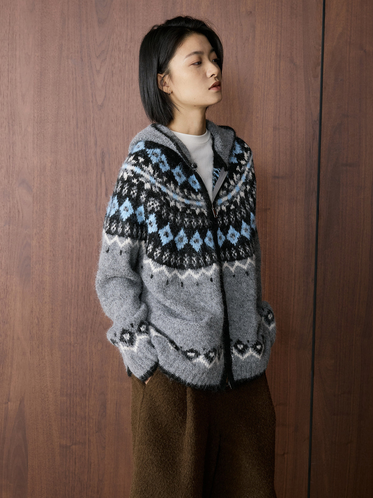 Louvre Winter New Korean Style Retro Lazy Style Jacquard Hooded Knitted Wool Sweater Loose Warm Top for Women