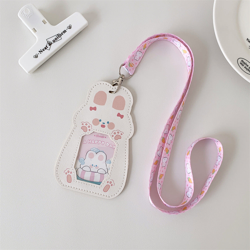 Cute Pet Pu Card Holder with Lanyard Work Card Student Meal Card Access Card Id Protective Cover Hanging Neck Bus Card