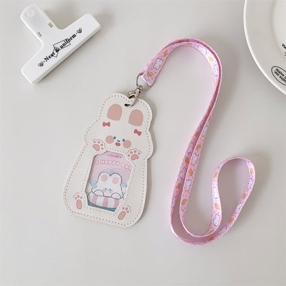 Cute Pet Pu Card Holder with Lanyard Work Card Student Meal Card Access Card Id Protective Cover Hanging Neck Bus Card