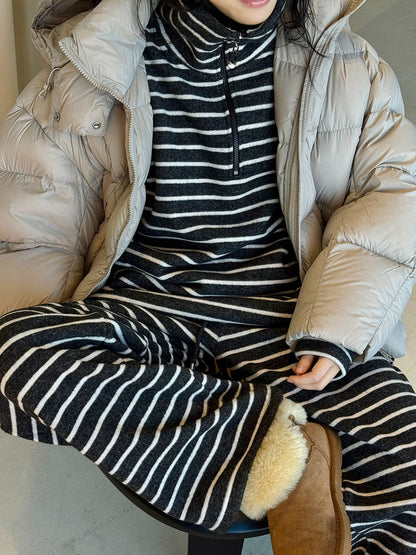Louvre Winter New Korean Retro Lazy Style Contrasting Stripesd High-Neck Zipper Sweatshirt Warm and Comfortable Top for Women