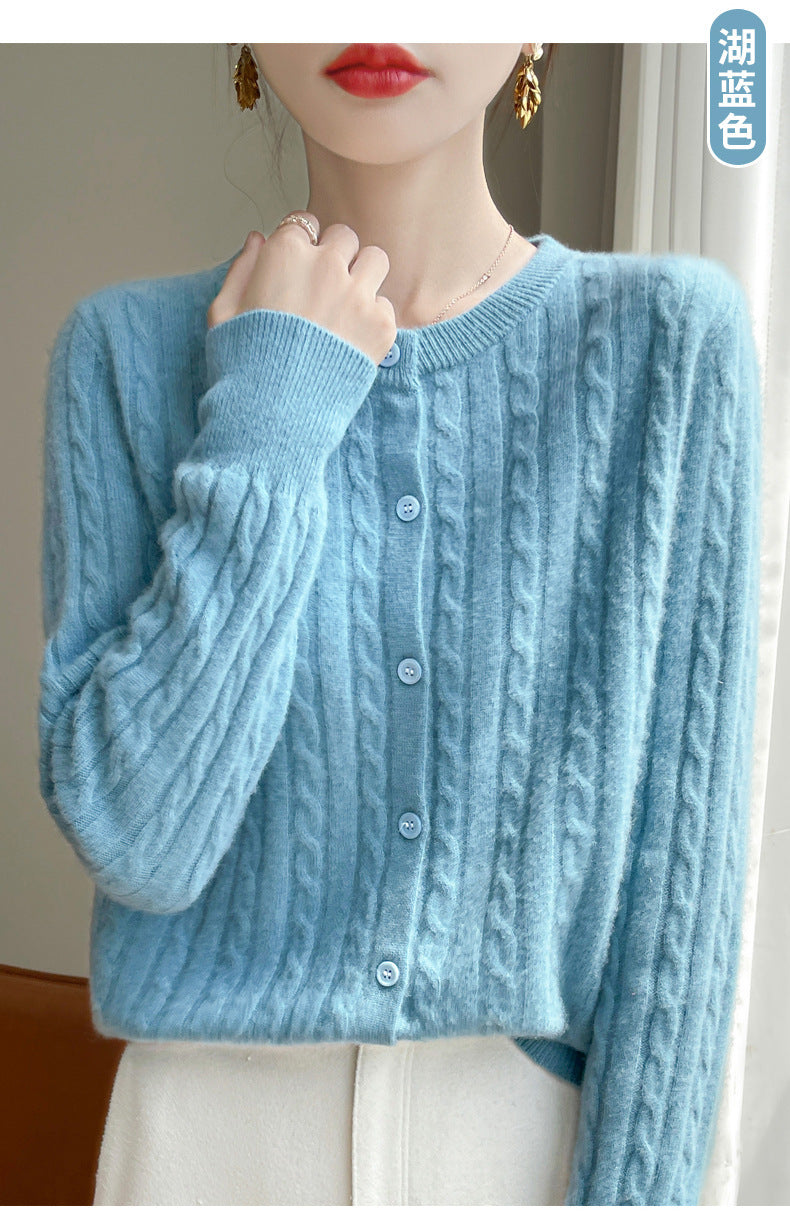 Spring and Autumn Round Neck Sweater Women's 2025 New Single-Breasted Jacket Solid Color Twist Cardigan Western Style Sweater Outerwear