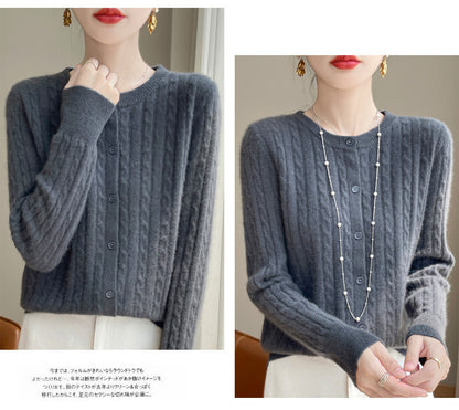 Spring and Autumn Round Neck Sweater Women's 2025 New Single-Breasted Jacket Solid Color Twist Cardigan Western Style Sweater Outerwear