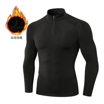 Men's Autumn and Winter Fleece-lined Fitness Clothes High-elastic Tight-fitting Sports Basketball Running Training Long-sleeved Half-zipper Collar Sweater