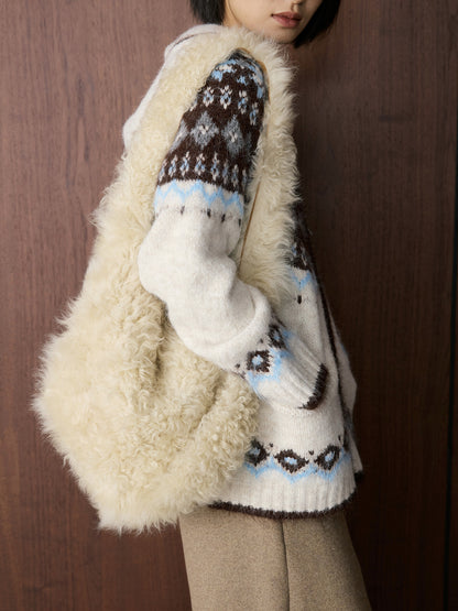 Louvre Winter New Korean Style Retro Lazy Style Jacquard Hooded Knitted Wool Sweater Loose Warm Top for Women