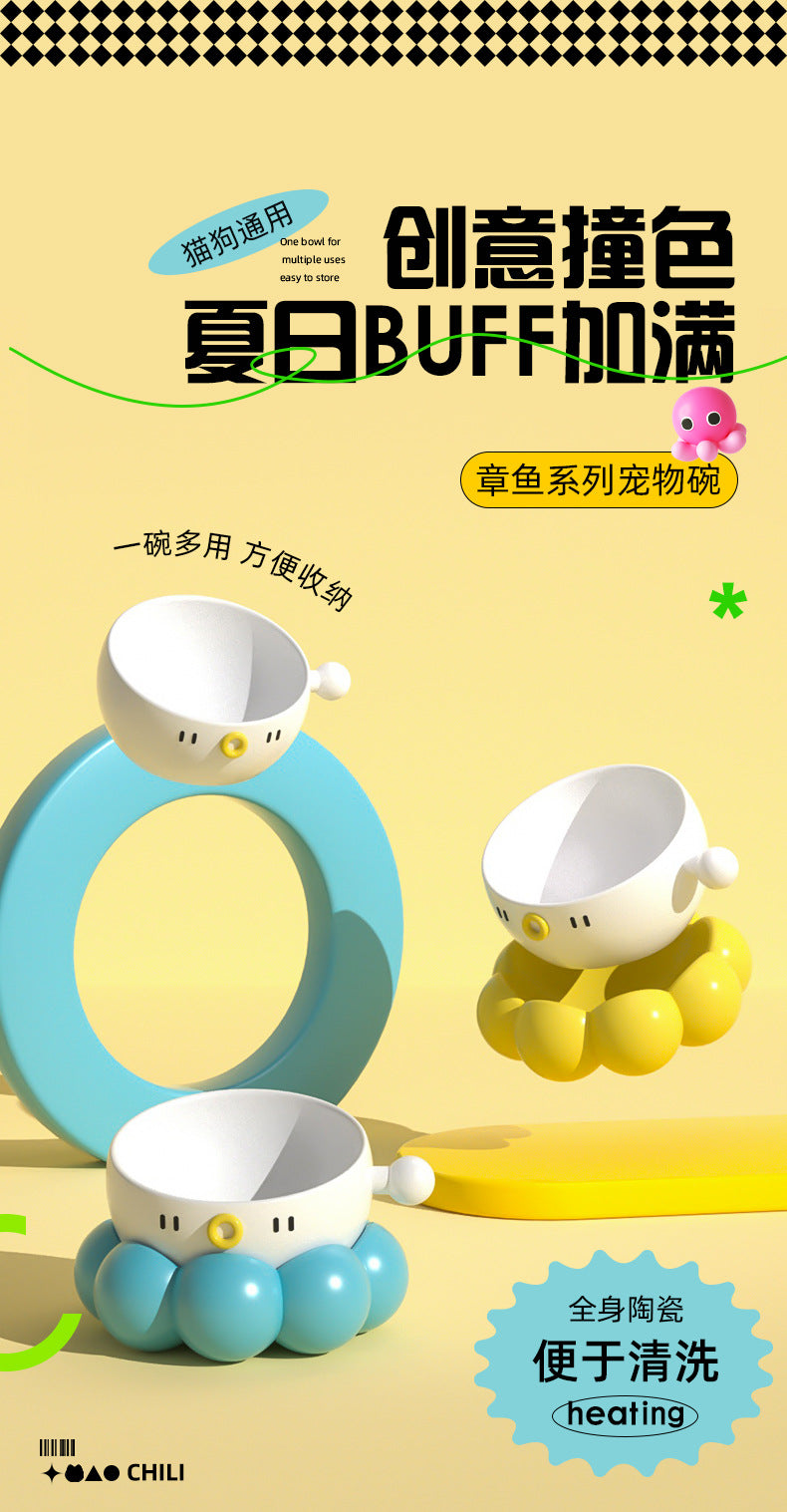 Ceramic Pet Bowl, Universal Non-Slip Cat and Dog Food Bowl, Neck Guard, Slanted Mouth Bowl, Detachable, Deepened, Anti-Splash Water Bowl Set