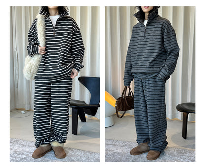 Louvre Winter New Korean Retro Lazy Style Contrasting Stripesd High-Neck Zipper Sweatshirt Warm and Comfortable Top for Women