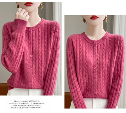 Spring and Autumn Round Neck Sweater Women's 2025 New Single-Breasted Jacket Solid Color Twist Cardigan Western Style Sweater Outerwear