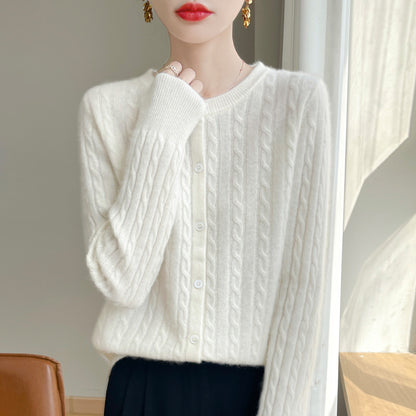 Spring and Autumn Round Neck Sweater Women's 2025 New Single-Breasted Jacket Solid Color Twist Cardigan Western Style Sweater Outerwear