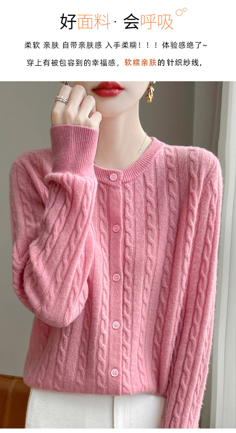 Spring and Autumn Round Neck Sweater Women's 2025 New Single-Breasted Jacket Solid Color Twist Cardigan Western Style Sweater Outerwear