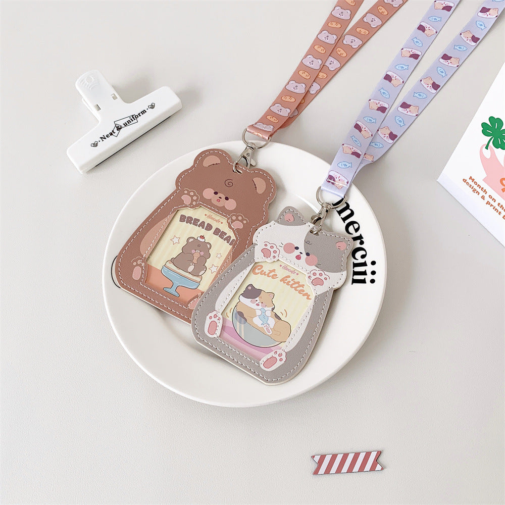 Cute Pet Pu Card Holder with Lanyard Work Card Student Meal Card Access Card Id Protective Cover Hanging Neck Bus Card