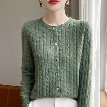 Spring and Autumn Round Neck Sweater Women's 2025 New Single-Breasted Jacket Solid Color Twist Cardigan Western Style Sweater Outerwear