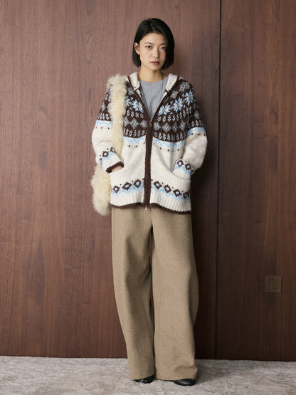 Louvre Winter New Korean Style Retro Lazy Style Jacquard Hooded Knitted Wool Sweater Loose Warm Top for Women