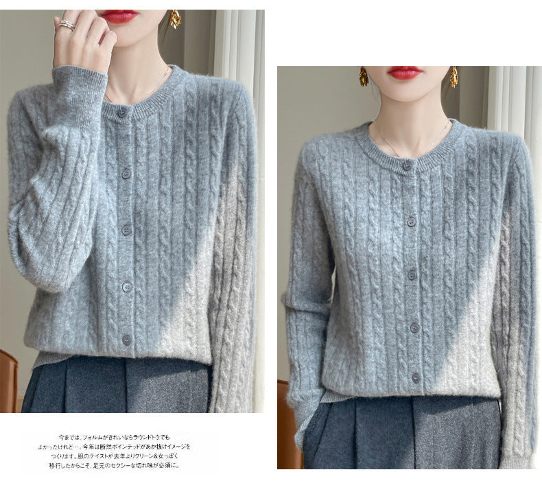 Spring and Autumn Round Neck Sweater Women's 2025 New Single-Breasted Jacket Solid Color Twist Cardigan Western Style Sweater Outerwear