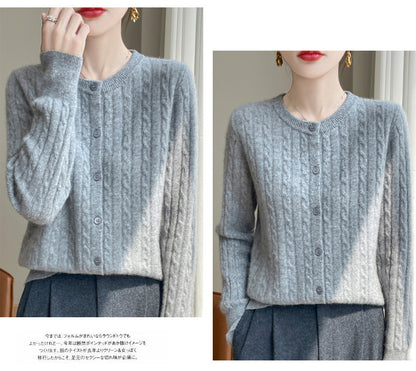 Spring and Autumn Round Neck Sweater Women's 2025 New Single-Breasted Jacket Solid Color Twist Cardigan Western Style Sweater Outerwear