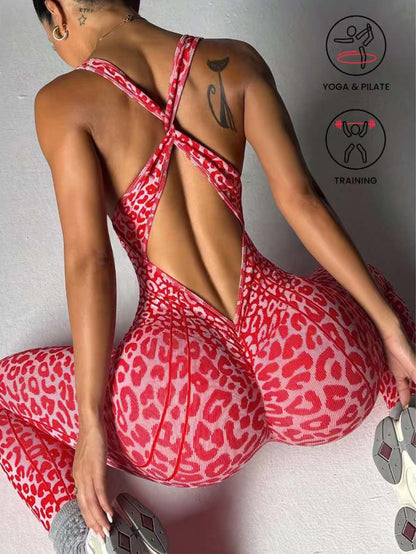 Popular Yoga Jumpsuit with Open Back and Cross-Tie Design, High-Elastic Tight-Fitting Sports Yoga Jumpsuit for Women