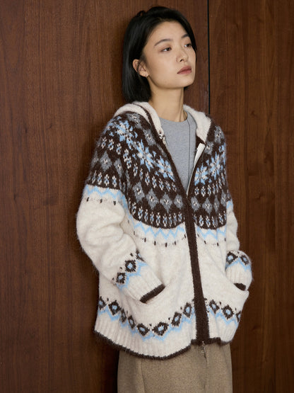 Louvre Winter New Korean Style Retro Lazy Style Jacquard Hooded Knitted Wool Sweater Loose Warm Top for Women