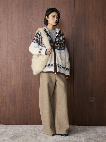 Louvre Winter New Korean Style Retro Lazy Style Jacquard Hooded Knitted Wool Sweater Loose Warm Top for Women