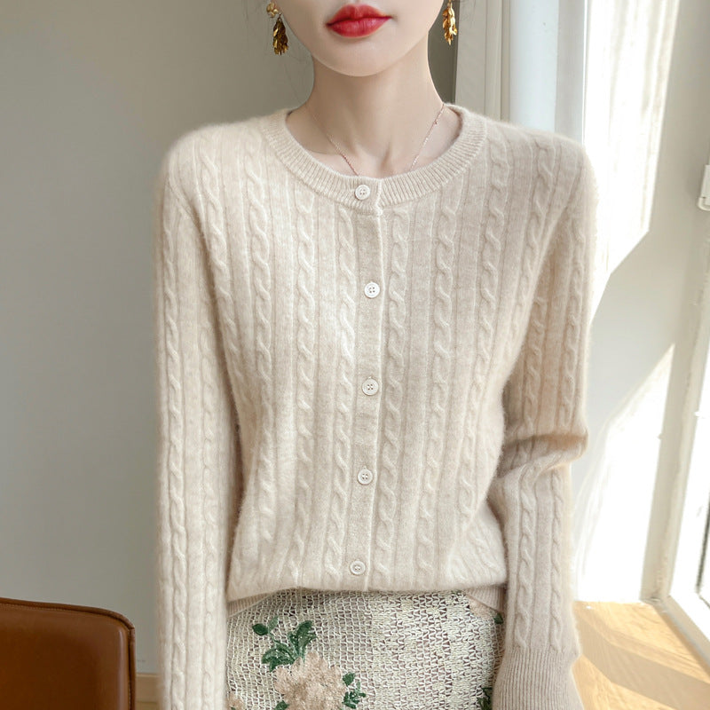 Spring and Autumn Round Neck Sweater Women's 2025 New Single-Breasted Jacket Solid Color Twist Cardigan Western Style Sweater Outerwear