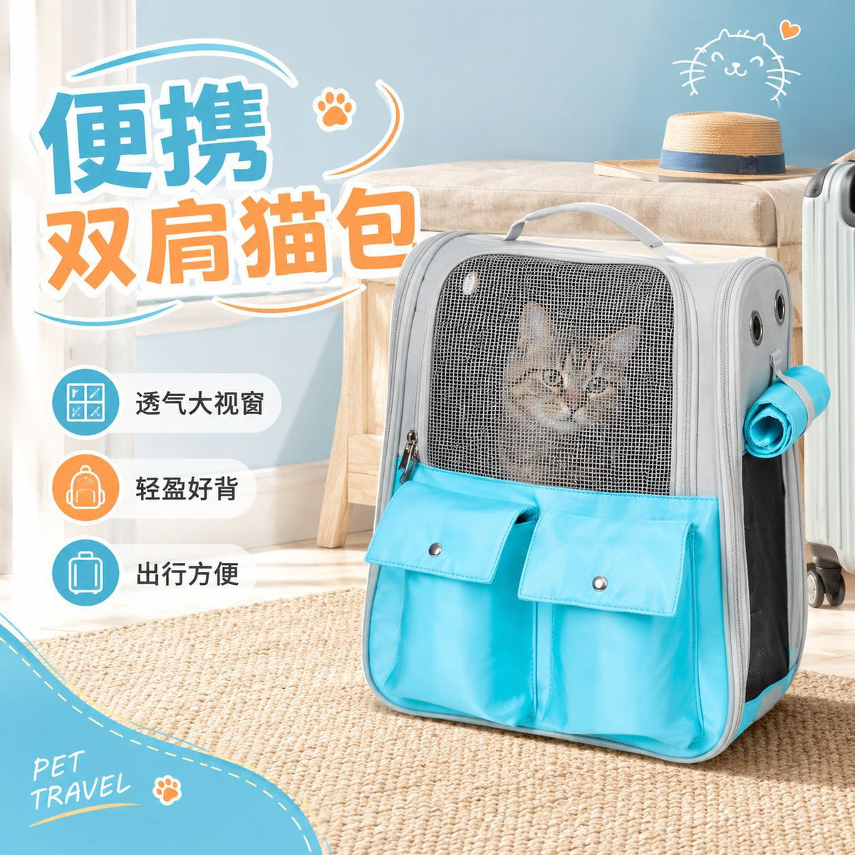 Pet Backpack, Portable Backpack for Outings, Cat Pet Bag, Large Capacity Space Capsule, Portable Canvas, Breathable and Comfortable