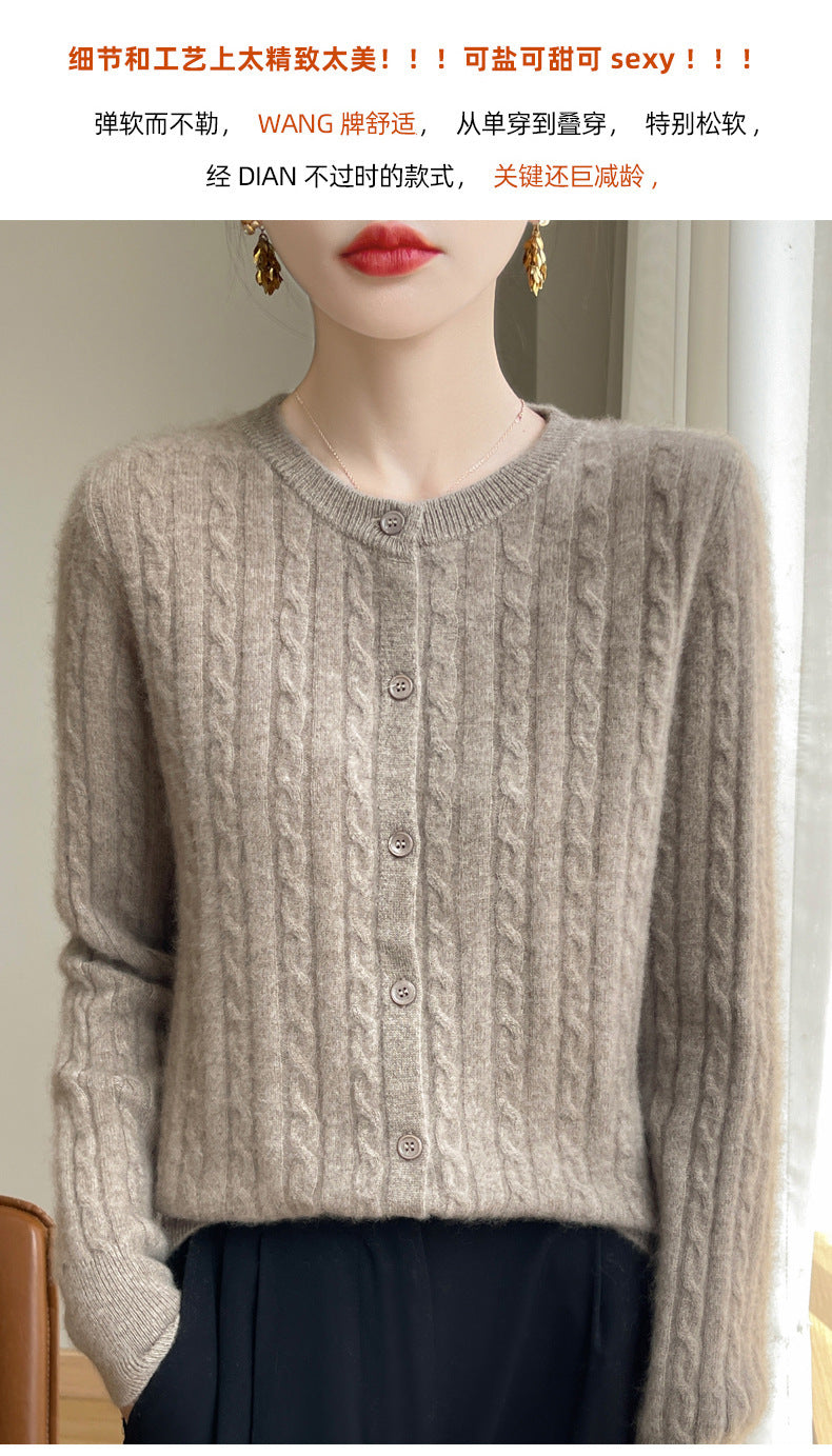 Spring and Autumn Round Neck Sweater Women's 2025 New Single-Breasted Jacket Solid Color Twist Cardigan Western Style Sweater Outerwear