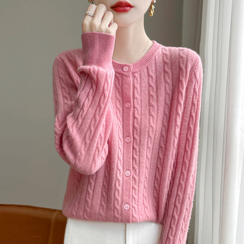 Spring and Autumn Round Neck Sweater Women's 2025 New Single-Breasted Jacket Solid Color Twist Cardigan Western Style Sweater Outerwear