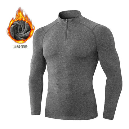 Men's Autumn and Winter Fleece-lined Fitness Clothes High-elastic Tight-fitting Sports Basketball Running Training Long-sleeved Half-zipper Collar Sweater