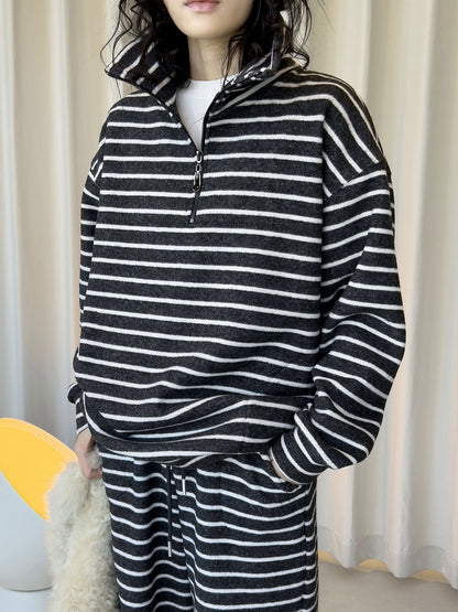 Louvre Winter New Korean Retro Lazy Style Contrasting Stripesd High-Neck Zipper Sweatshirt Warm and Comfortable Top for Women