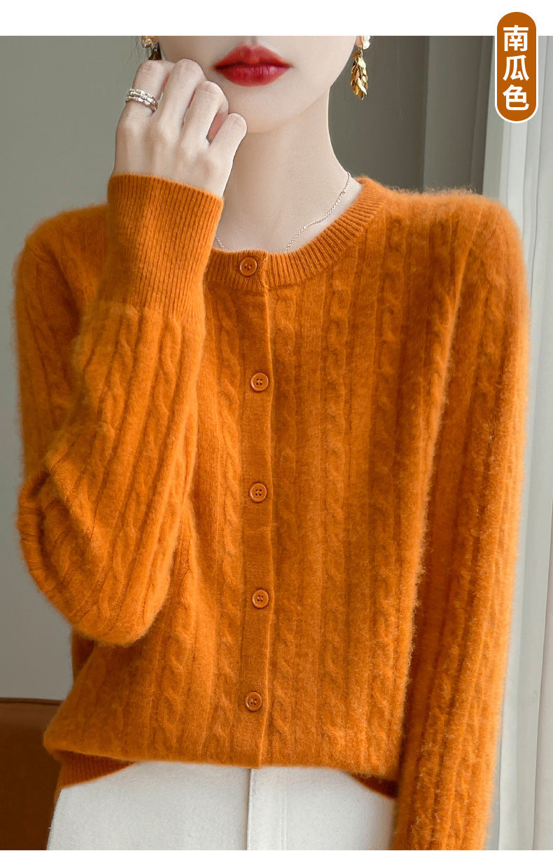 Spring and Autumn Round Neck Sweater Women's 2025 New Single-Breasted Jacket Solid Color Twist Cardigan Western Style Sweater Outerwear