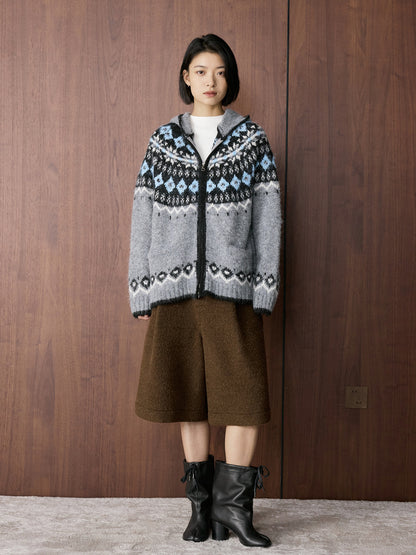 Louvre Winter New Korean Style Retro Lazy Style Jacquard Hooded Knitted Wool Sweater Loose Warm Top for Women