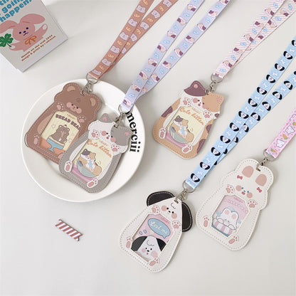 Cute Pet Pu Card Holder with Lanyard Work Card Student Meal Card Access Card Id Protective Cover Hanging Neck Bus Card