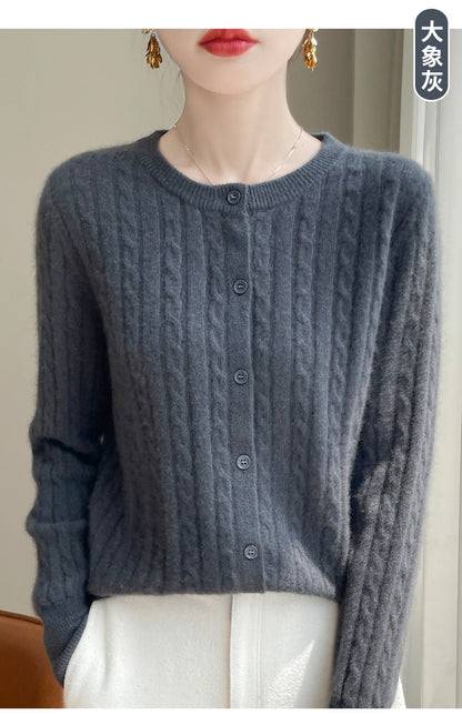 Spring and Autumn Round Neck Sweater Women's 2025 New Single-Breasted Jacket Solid Color Twist Cardigan Western Style Sweater Outerwear