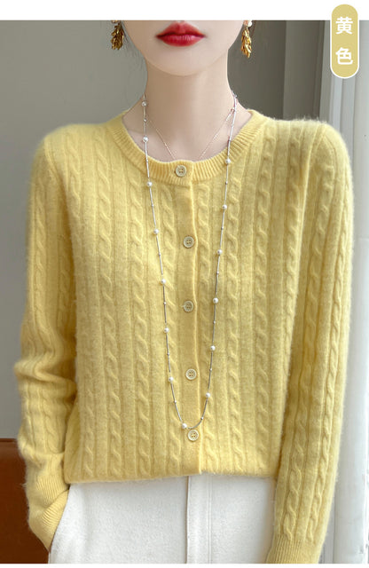 Spring and Autumn Round Neck Sweater Women's 2025 New Single-Breasted Jacket Solid Color Twist Cardigan Western Style Sweater Outerwear