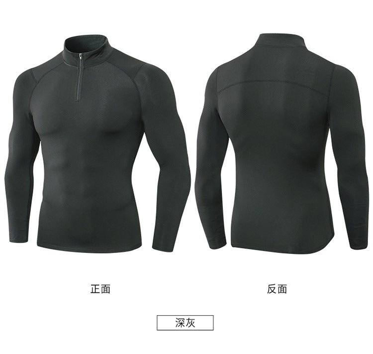 Men's Autumn and Winter Fleece-lined Fitness Clothes High-elastic Tight-fitting Sports Basketball Running Training Long-sleeved Half-zipper Collar Sweater